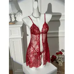 GENERICO - Conjunto Lencería Sexy Babydoll Pijama Encaje M L Vino