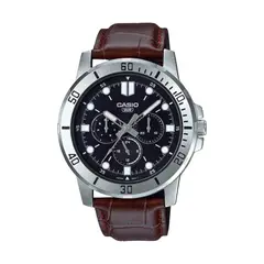 CASIO - Reloj Para Hombre Moderno MTP-VD300L-1E Correa En Cuero Esfera Negra con Fecha Dia