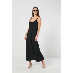 KOAJ - Vestido negro largo con manga sisa y tiras delgadas Mujer