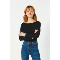 KOAJ - Camiseta ajustada manga larga unicolor con cuello bandeja MUJER