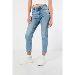KOAJ - Jean mom súper tiro alto azul con bota recta corta Mujer
