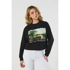 KOAJ - Buzo crop top negro con paisaje artístico y cuello red Mujer