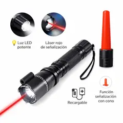 GENERICO - Linterna Táctica Multifunción Recargable USB Luz LED Potente Cono Rojo Señalización Láser Seguridad Personal