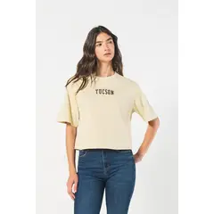 KOAJ - Camiseta crop top kaki oversize con diseño college Mujer