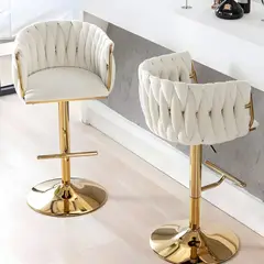 TECNOHOGAR JS - Set X2 Sillas Bar Butaco Alta Giratoria Barra Cocina Premium Cromado Blanco