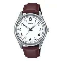 CASIO - Reloj Para Hombre Clasico MTP-V005L-7B4 Esfera Fondo Blanca En Cuero Marron