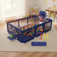 MUNDO BEBE - Corral Para Bebé Grande con Pelotas y Canasta Parque Infantil Plegable Seguro AZUL