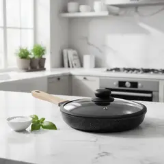 GENERICO - Sartén Antiadherente Efecto Piedra JS‑20CM Con Tapa Y Mango De Madera 20cm