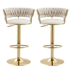 TECNOHOGAR JS - Set X2 Silla Barra Cocina Bar Butaco Alta Giratoria Luxury Cromado Blanco