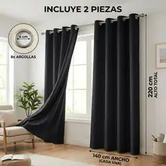 HOMMI - Cortina Blackout 280x220 cm Negra Textura Lino – 2 Paños – 100% Antiluz
