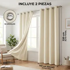 HOMMI - Cortina Blackout 100% Antiluz 2 Paños 280x220 cm Textura Lino Beige