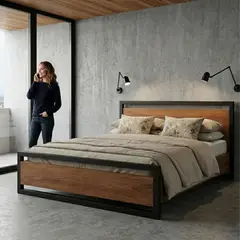 22 GRADOS DECORACION - Cama May Doble en Roble Cr y Metal 198cm x 148cm