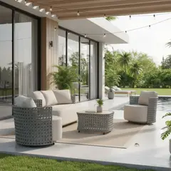 MARTEJIDO - Sala Mompósino Tejido Rattán Gris con Cojinería de Lino 4 Piezas -