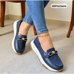 EVEGONZ - Babuchas para Mujer Mocasin en Cuero Azul