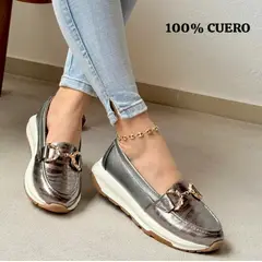 EVEGONZ - Mocasin para Mujer en Cuero Plateado