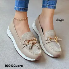 EVEGONZ - Mocasin de Mujer Cazado Plano Beige