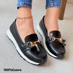 EVEGONZ - Zapato de Mujer tipo Mocasin en Cuero Negro