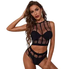 GENERICO - Conjunto Lencería Femenina Brasier Bralett Panty Malla Body