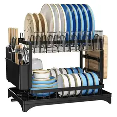 TECNOHOGAR JS - Escurridor Inoxidable Platero 2 Niveles Estante Cocina 43cm Negro