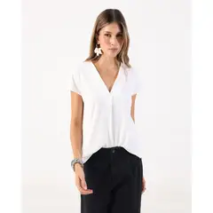 PATPRIMO - Camiseta Texturizada Con Cuello En V  Para Mujer Blanco