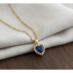 STAINLESS STEEL - Collar Cadena Con Dije Corazon Azul Esmeralda Con Circon En Acero Inoxidable