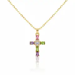 DELUXE - Collar Cadena Con Dije De Cruz Multicolor En Acero Inoxidable + Caja