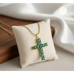 DELUXE - Collar Cadena Con Dije Cruz Verde En Rodio + Caja