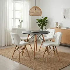 ENTRE NOS HOME - Juego de Comedor Mariposa 4 Puestos Mesa Redonda Negra 90cm y Sillas Blancas en Ecocuero Acolchado
