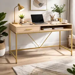 GENERICO - Escritorio moderno 110x48x75 cm con cajón y estructura metálica dorada