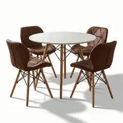 GENERICO - Juego de Comedor Mariposa 4 Puestos Mesa Redonda Blanca 90cm y Sillas Marrones Acolchadas en Ecocuero