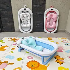 INDUHOGAR - Tina bebe plegable azul con termometro + cojín