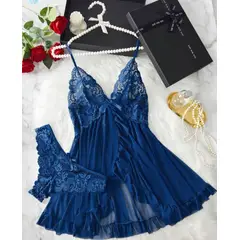 GENERICO - Conjunto Lencería Sexy Babydoll Encaje Pijama Suave Azul S M