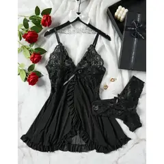 GENERICO - Conjunto Lencería Sexy Babydoll Encaje Pijama Suave Negro S M