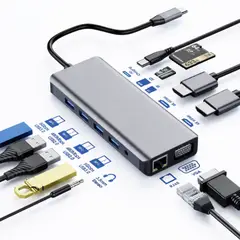 GENERICO - Adaptador Multipuerto Hub 12 En 1 Tipo C Puerto Lan Hdmi 4k