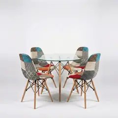 GENERICO - Comedor Prisma 4 Puestos Mesa Redonda Vidrio 90cm y Sillas Patchwork