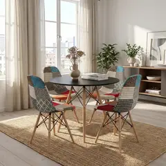 ENTRE NOS HOME - Juego De Comedor Prisma Con Mesa Redonda De Madera Negra Y 4 Sillas Patchwork 90cm