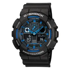 CASIO - Reloj G-SHOCK Para Hombre Deportivo GA-100-1A2DR Negro Con Detalles Azul Doble Hora