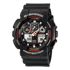 CASIO - Reloj G-SHOCK Para Hombre Deportivo GA-100-1A4DR Negro Con Detalles Rojo Doble Hora