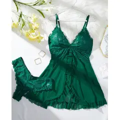 GENERICO - Conjunto Lencería Sexy Babydoll Encaje Pijama Suave Verde S M
