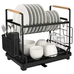 ONE PIXEL - Escurridor Organizador De Platos 2 Niveles Antideslizante Con Detalles En Madera