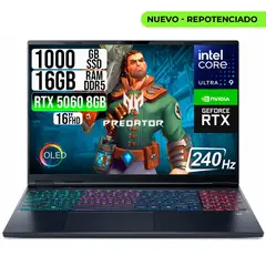 ACER - PORTATIL PREDATOR NEO 16S CORE ULTRA 9-275HX RTX 5060 8GB SSD 1TB RAM 16GB 16" OLED