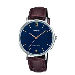 CASIO - Reloj Para Mujer Elegante LTP-VT01L-2B Esfera En Azul Noche En Cuero Marron