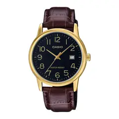 CASIO - Reloj Para Hombre Clasico Elegante MTP-V002GL-1BUDF Esfera Negra En Cuero Marron