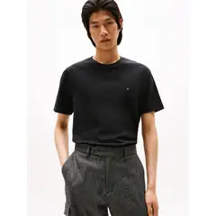 TOMMY HILFIGER - Camiseta negra de cuello redondo y punto interlock