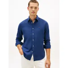 TOMMY HILFIGER - Camisa azul de corte regular en tejido dobby