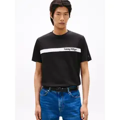 TOMMY HILFIGER - Camiseta negra con diseño de rayas gráfica en el pecho