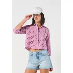 KOAJ - Blusa en tela bordada unicolor con botones y manga lar Mujer