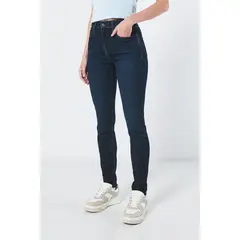 KOAJ - Jean tiro alto jegging azul intenso con costuras cafés Mujer