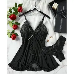 GENERICO - Conjunto Lencería Sexy Babydoll Encaje Pijama Suave Negro L XL