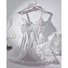 GENERICO - Conjunto Lencería Sexy Babydoll Encaje Pijama Suave Blanco S M